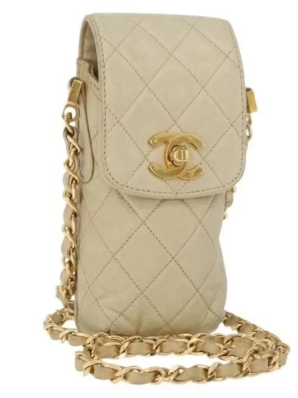 CHANEL Matelasse Chain Shoulder Bag Lamb Skin Beige Gold CC Auth 179876A